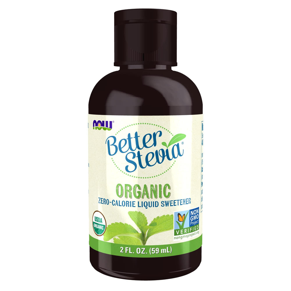 NOW Foods BetterStevia Organic Liquid Sweetener 2 oz bottle close-up