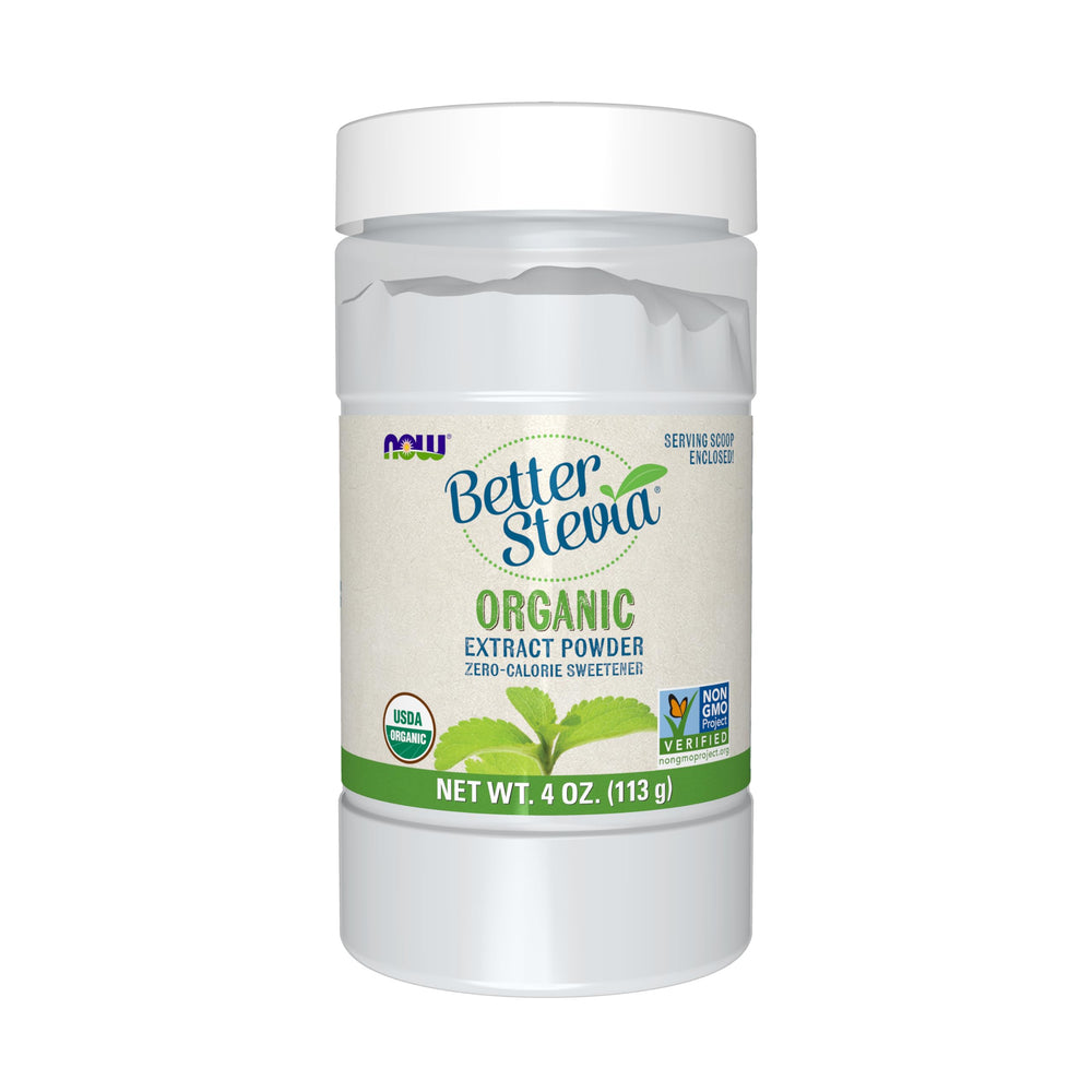 NOW Foods BetterStevia Organic Zero-Calorie Extract Powder bottle with 4 oz size