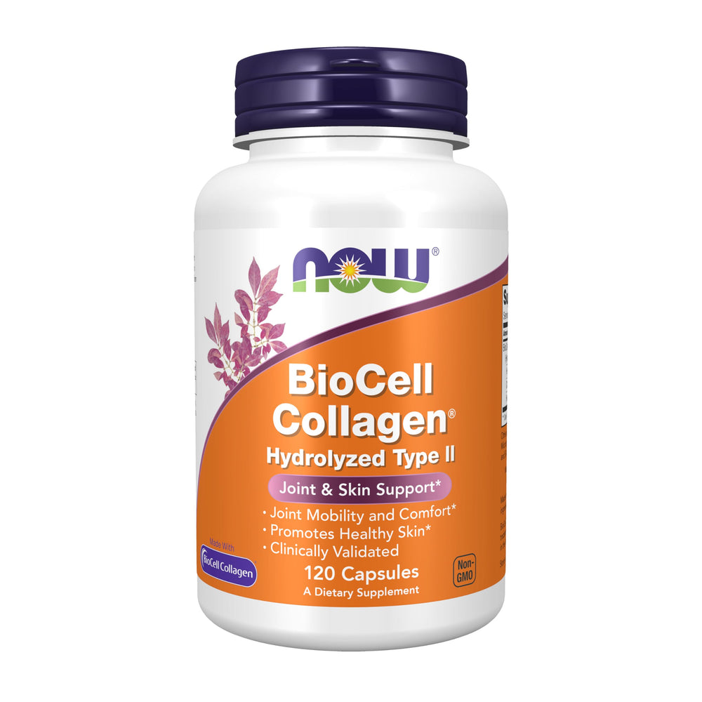 NOW Foods BioCell Collagen bottle front highlights joint support and skin hydration
