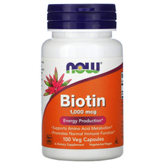 NOW Foods Biotin 1000 mcg bottle and capsule close-up