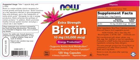 Now Foods Biotin 10 mg Extra Strength 120 Vcaps Pack of 2 bottle back/label