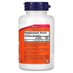 Close-up of Now Foods Biotin 5 mg Vegetarian Capsules bottle