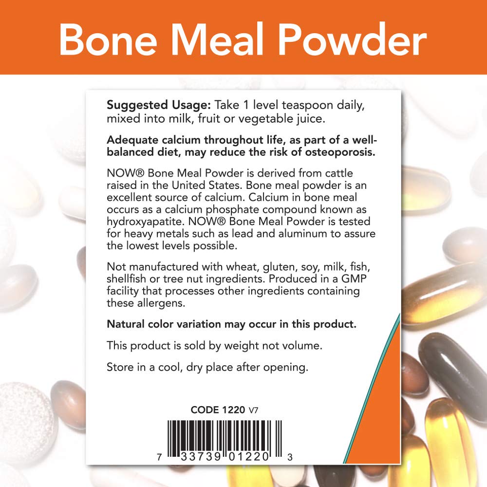Scooped bone meal powder from NOW Foods container