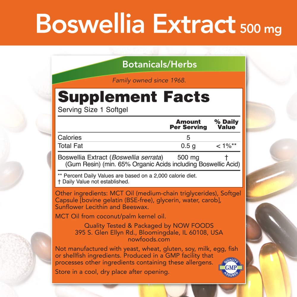 Now Foods Boswellia Extract 500 mg softgels bottle back label
