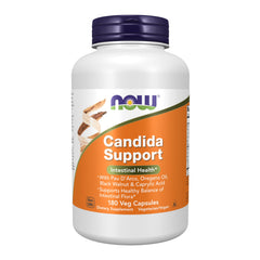 NOW Foods Candida Support bottle label showing Pau D'Arco, oregano oil, black walnut and caprylic acid