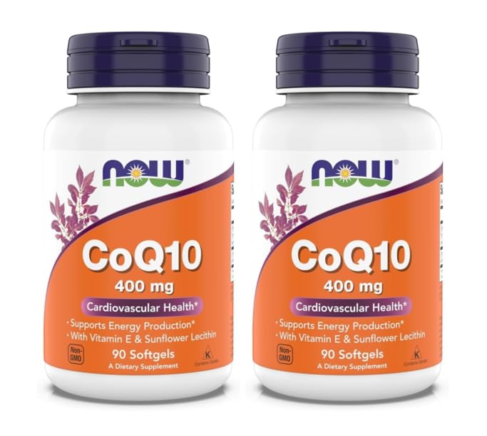 NOW Foods CoQ10 400 mg all-trans CoQ10 produced by fermentation, 90 softgels per bottle, pack of 2