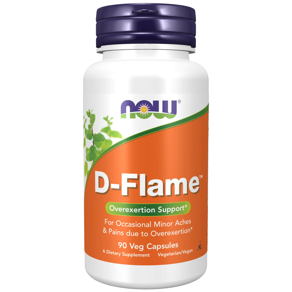 NOW Foods D-Flame bottle label with 90 vegan capsules