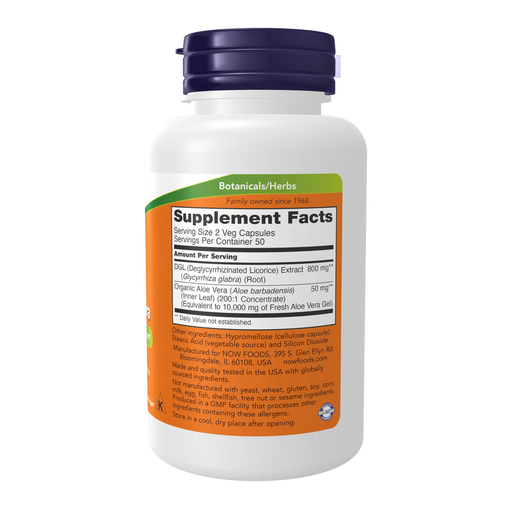 Close-up of DGL Aloe Vera label showing 400 mg per serving