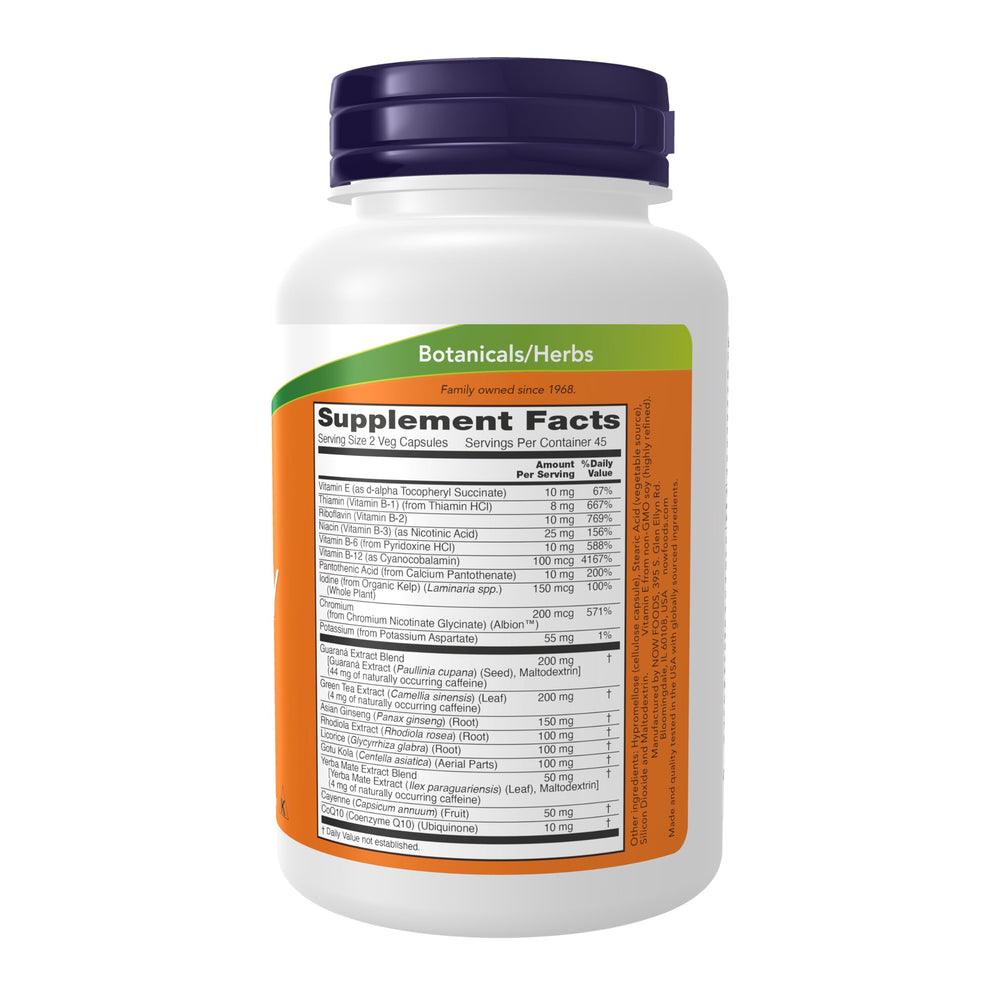 NOW Foods Energy capsules close-up highlighting natural caffeine sources for steady energy.