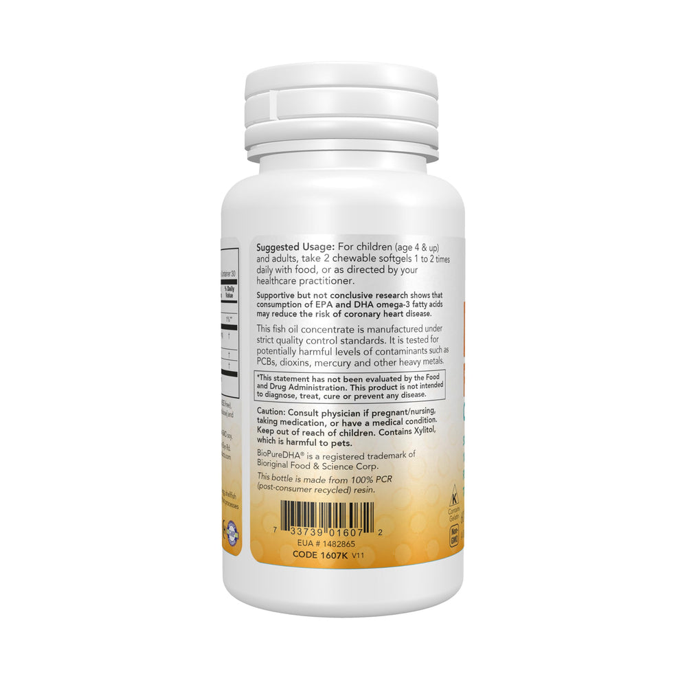 NOW Foods Kids DHA bottle with fruit-flavor label