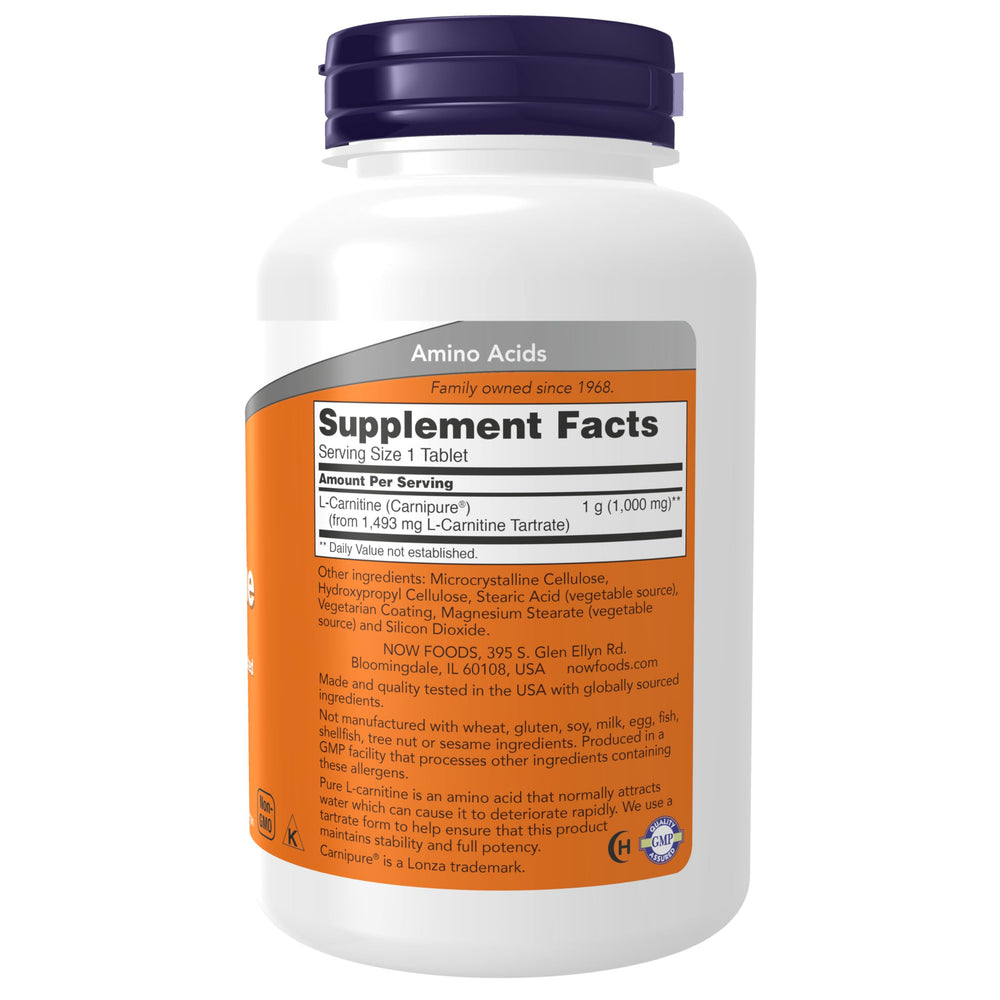 NOW Foods L-Carnitine 1,000 mg tablets – back view with label