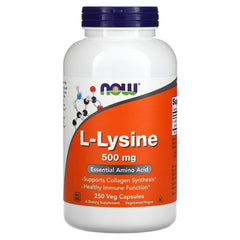 Close-up view of NOW Foods L-Lysine 500 mg capsules