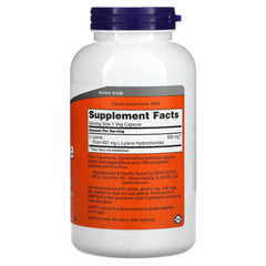 NOW Foods L-Lysine 500 mg bottle with label and nutrition facts