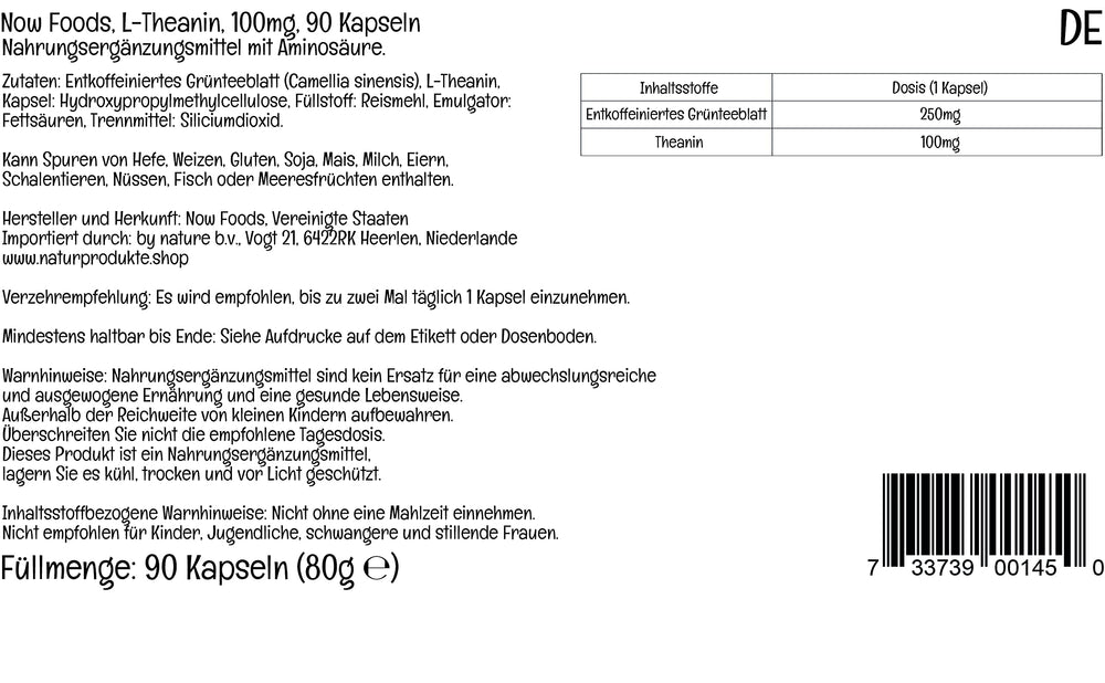 L-Theanine 100 mg 90-count capsules bottle back view