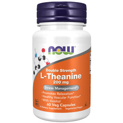 NOW Foods L-Theanine 200 mg with Inositol bottle label – 60 Veg Capsules