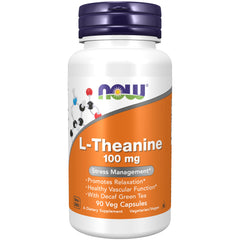 NOW Foods L-Theanine 100 mg with Decaf Green Tea bottle and label