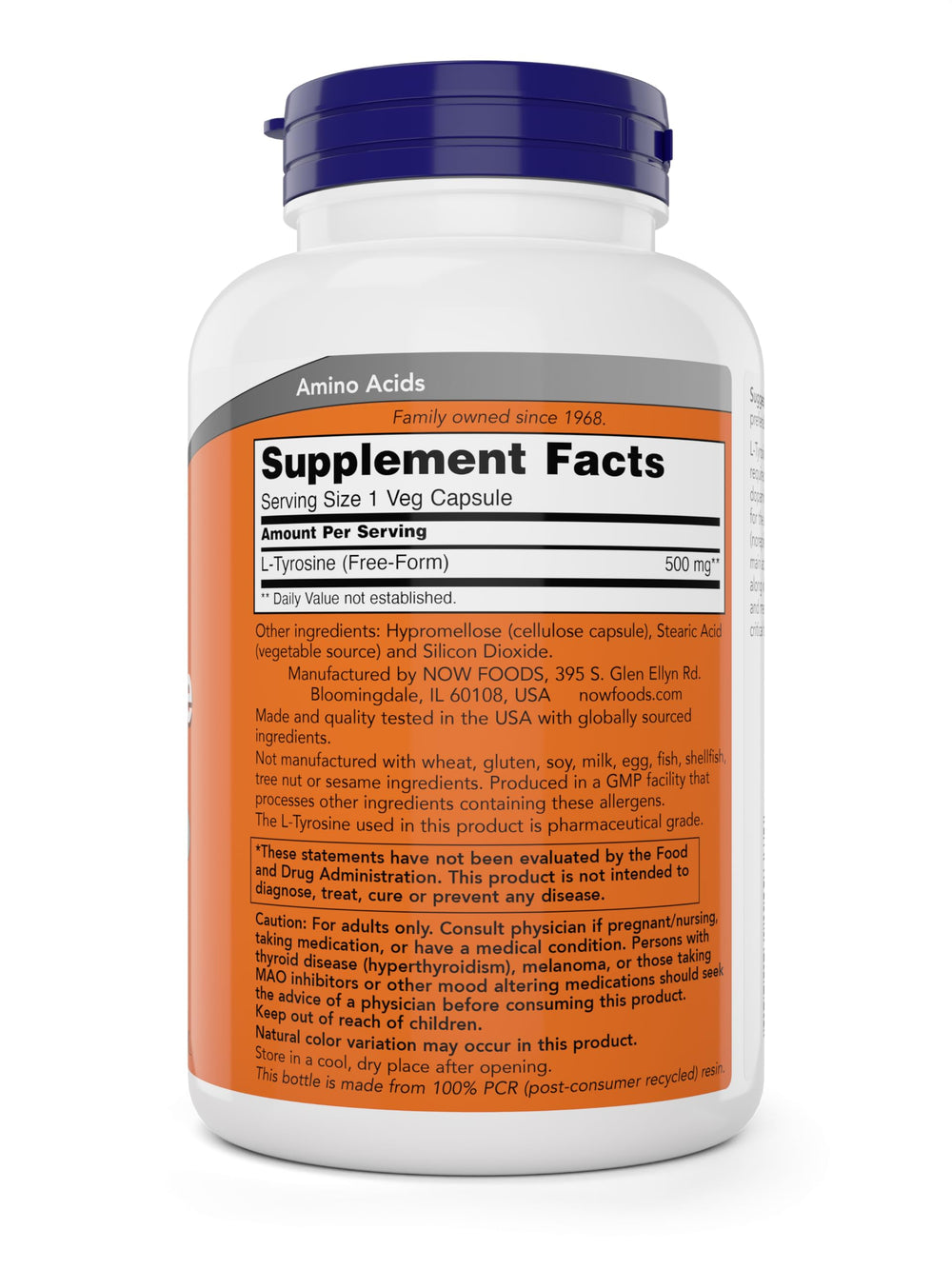 Label on Now Foods L-Tyrosine 500mg bottle