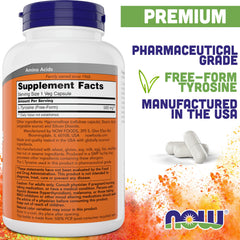 NOW Foods L-Tyrosine 500mg bottle back label with ingredients and directions