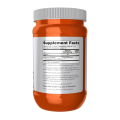 NOW Foods Leucine powder label close-up shows vegan formula and GMP quality.