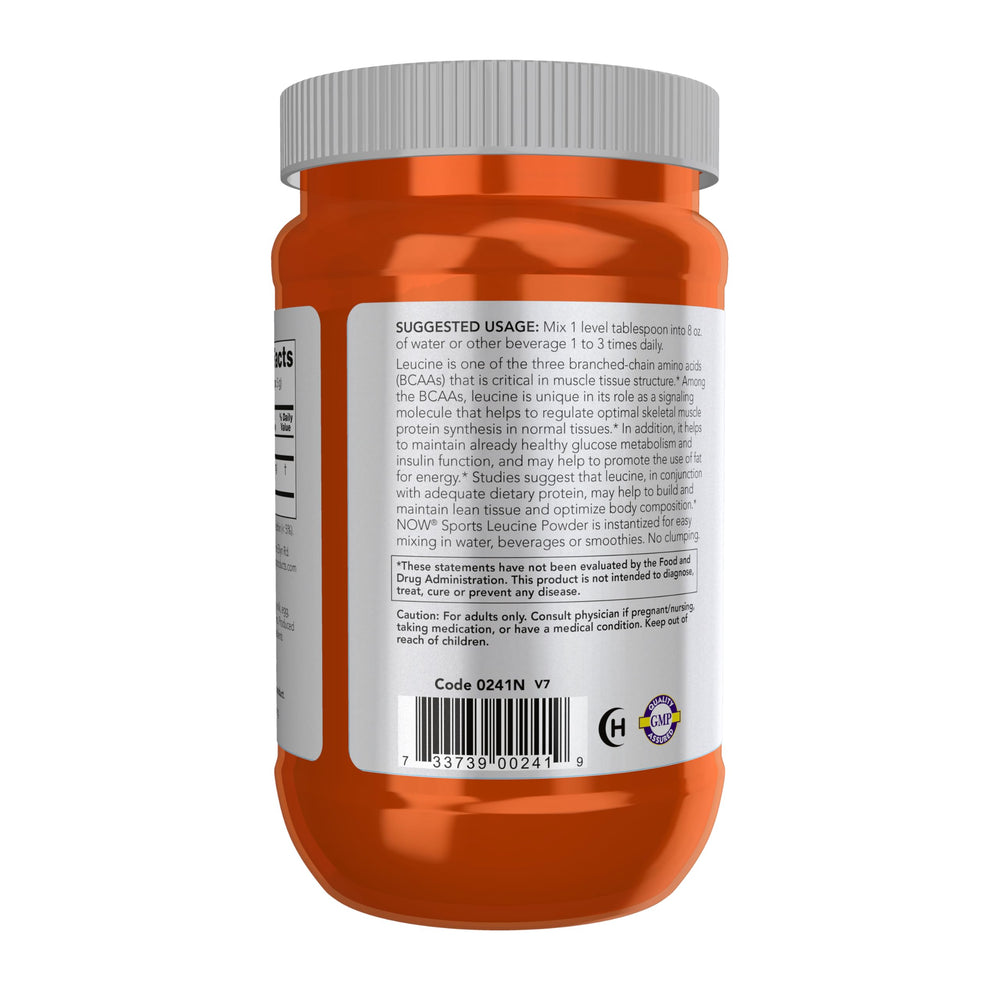 NOW Foods Leucine powder scoop enables precise post-workout shakes.