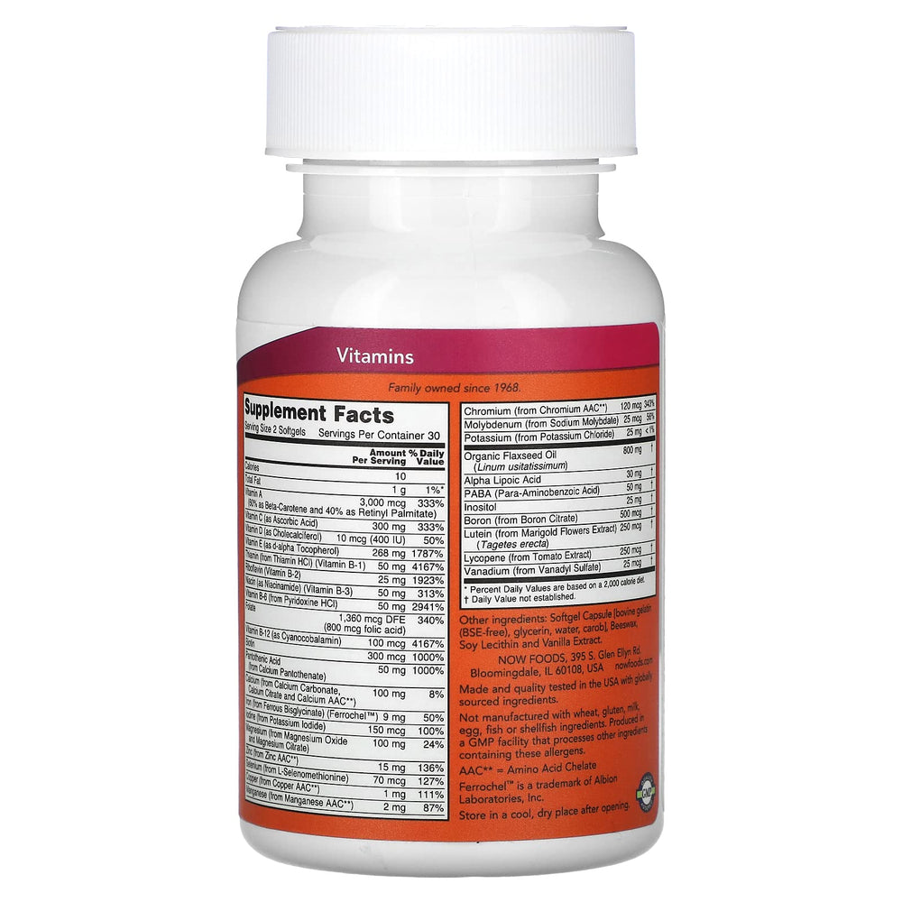 Close-up of Now Foods Liquid Multi Softgels label