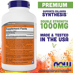 Close-up of NOW Foods L-Lysine 1000mg tablets showing 1000 mg strength