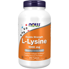 NOW Foods L-Lysine 1000 mg tablets in bottle support collagen maintenance and immune function.