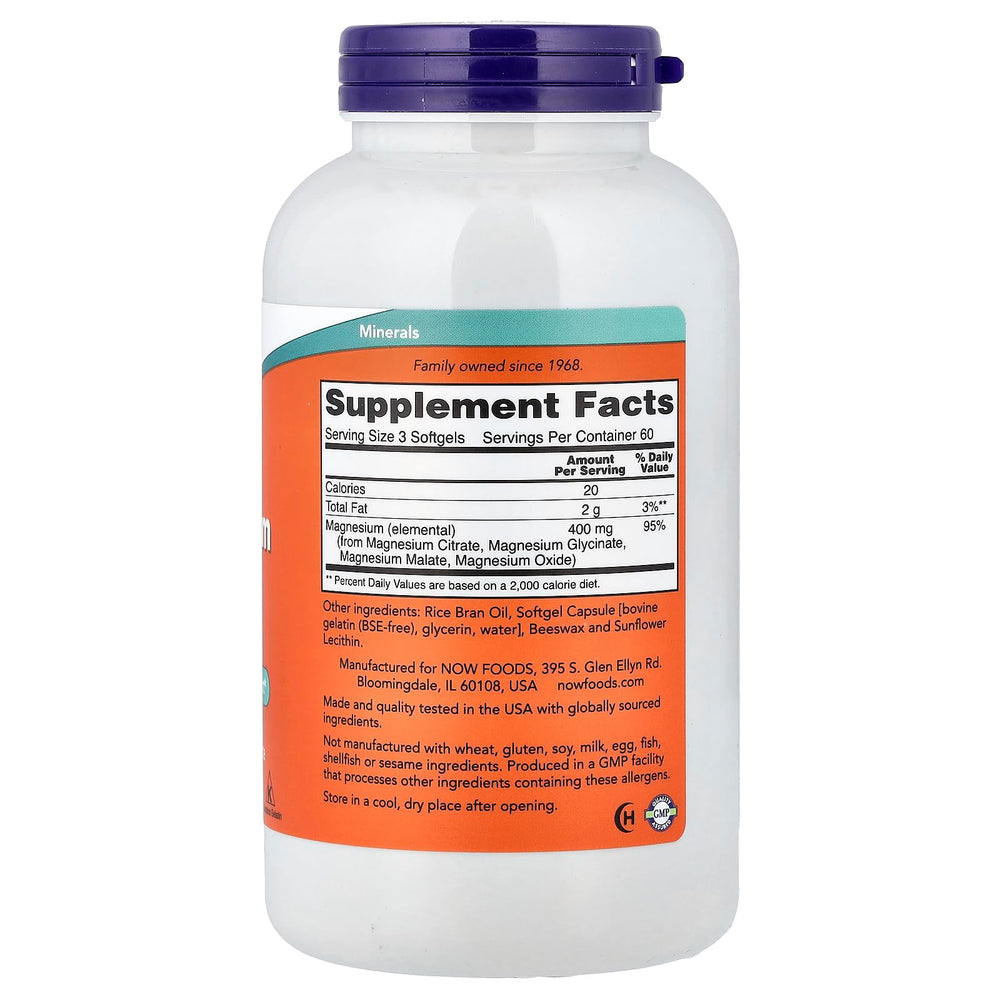 Close-up of NOW Foods Magnesium Citrate Softgels bottle with label