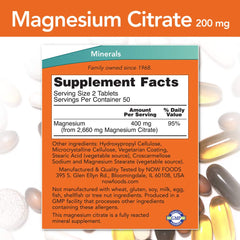 NOW Foods Magnesium Citrate bottle back shows dosage details for daily routines