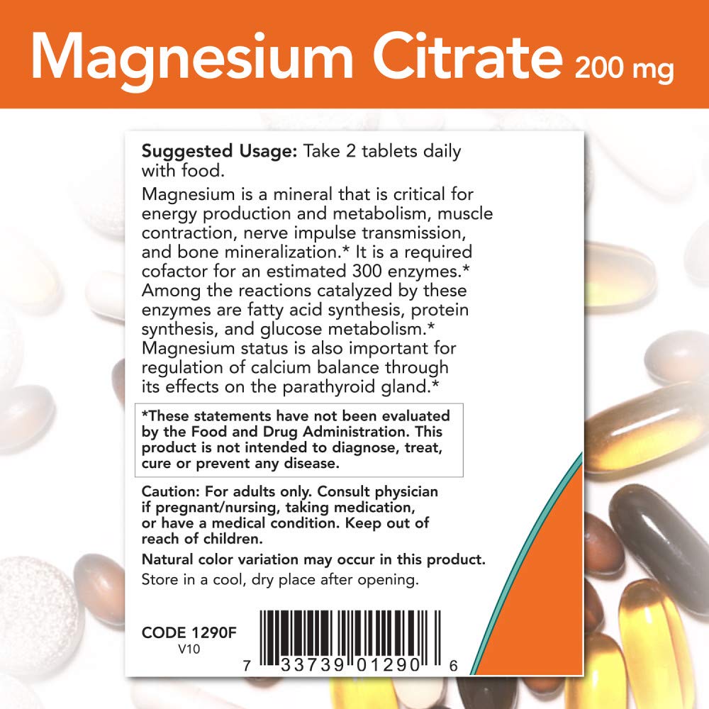 NOW Foods Magnesium Citrate 200 mg tabs close-up view highlights easy daily supplementation