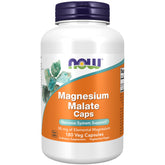 NOW Foods Magnesium Malate Caps bottle showing 95 mg elemental magnesium per capsule, 180 vegan capsules