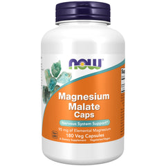 NOW Foods Magnesium Malate Caps bottle showing 95 mg elemental magnesium per capsule, 180 vegan capsules