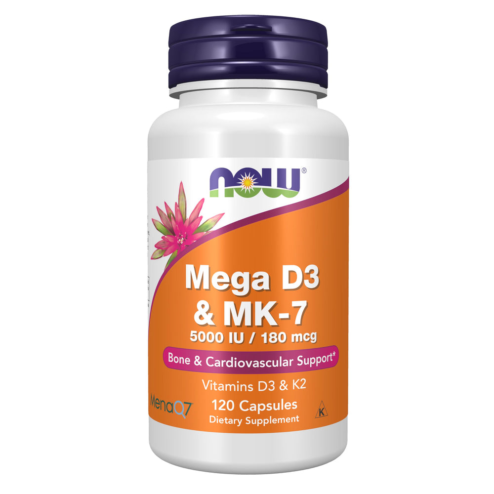 NOW Foods Mega D3 & MK-7 bottle front label highlighting bone and cardiovascular support.