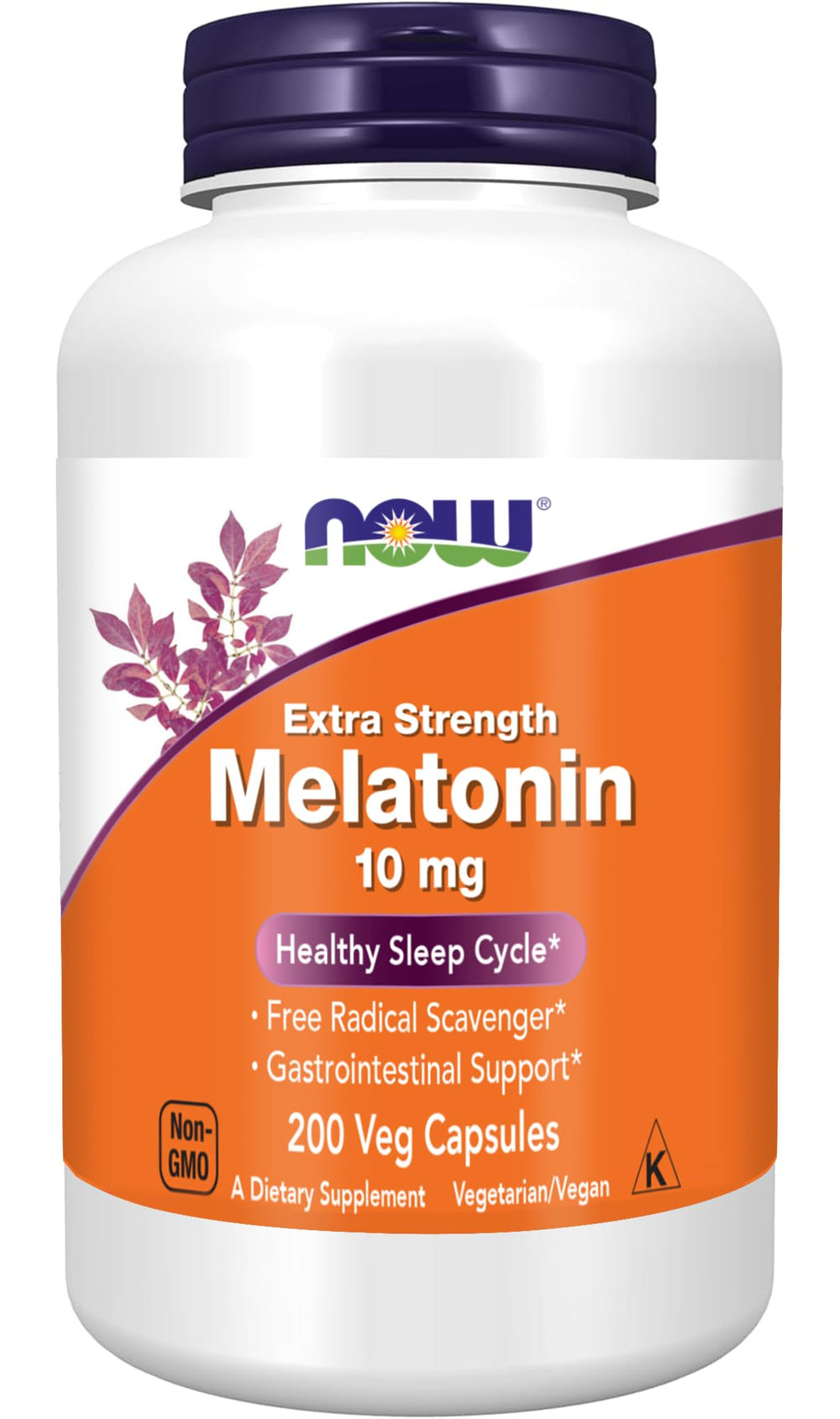 NOW Foods Melatonin 10 mg Extra Strength bottle with 200 vegan capsules