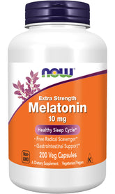 NOW Foods Melatonin 10 mg Extra Strength bottle with 200 vegan capsules