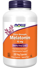 NOW Foods Melatonin 10 mg Extra Strength bottle with 200 vegan capsules