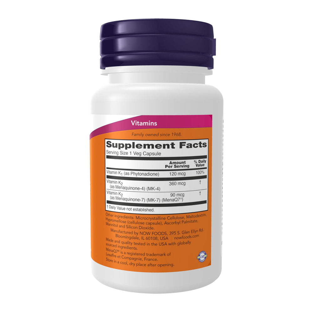 Close-up of NOW Foods MK-7 Plus product label