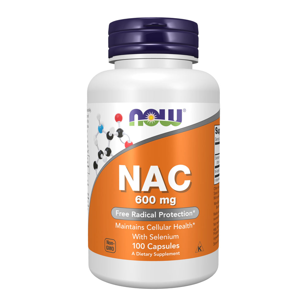 NOW Foods NAC 600 mg with Selenium bottle front shows label for cellular health support
