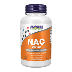 NOW Foods NAC 600 mg with Selenium bottle front shows label for cellular health support