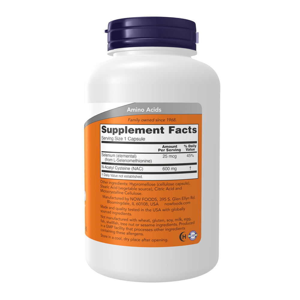 NOW Foods NAC selenium label close-up highlights added mineral
