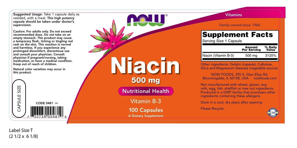 NOW Foods Niacin 500 mg label close-up - 100 capsules