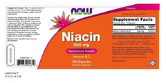 NOW Foods Niacin 500 mg label close-up - 100 capsules