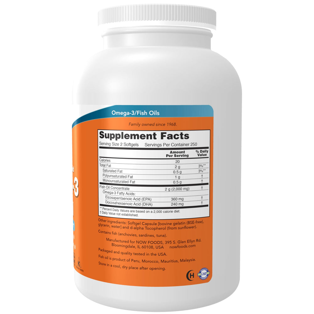 Close-up of NOW Foods Omega-3 softgels (1,000 mg each)