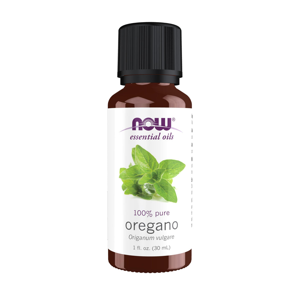 NOW Foods oregano oil bottle highlights pure essential oil for aromatherapy use.