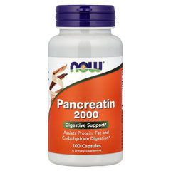 NOW Foods Pancreatin 2000mg capsules bottle for convenient digestive support with meals