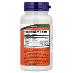 NOW Foods Pancreatin 2000mg capsules label shows easy meal planning and dosage reference