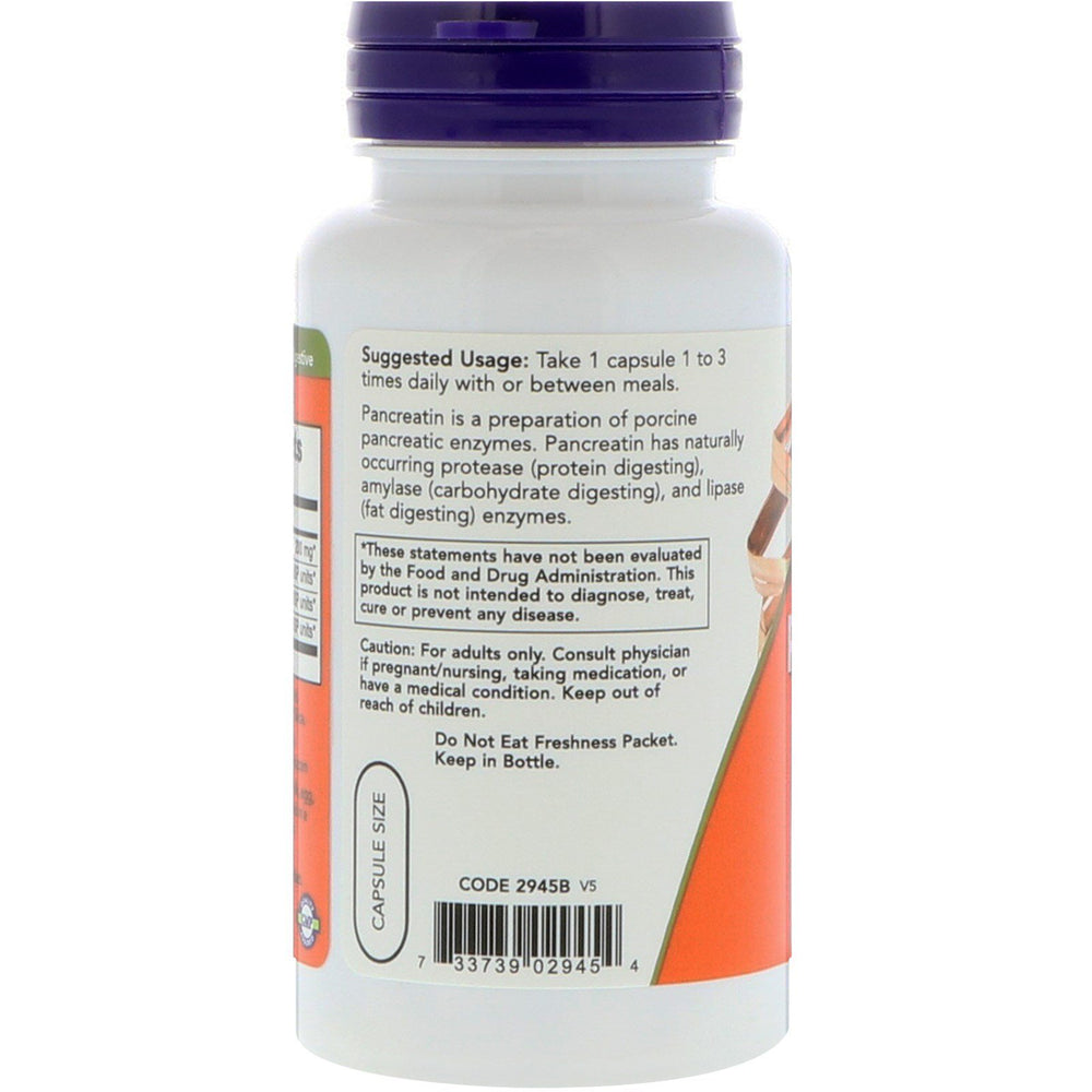 NOW Foods Pancreatin 2000mg capsules being poured for on-the-go digestion
