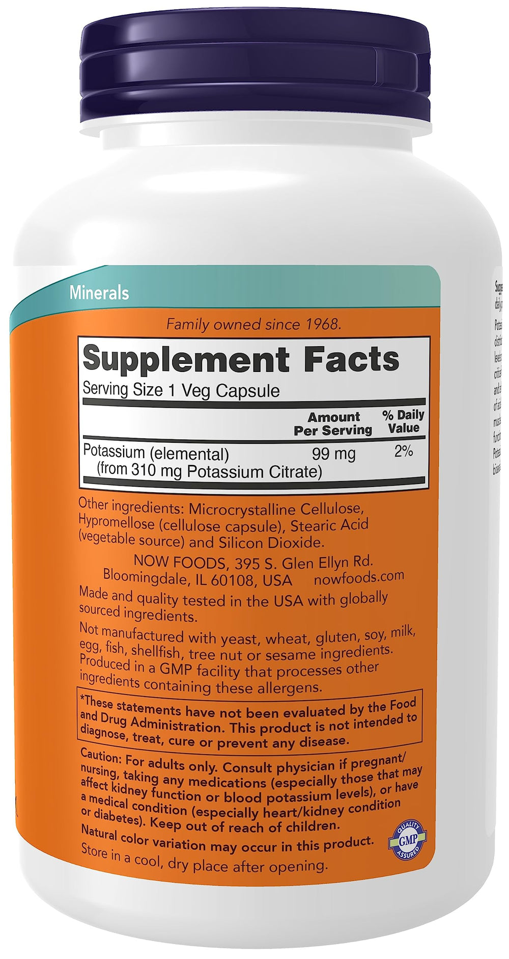 NOW Foods Potassium Citrate 99 mg label and bottle