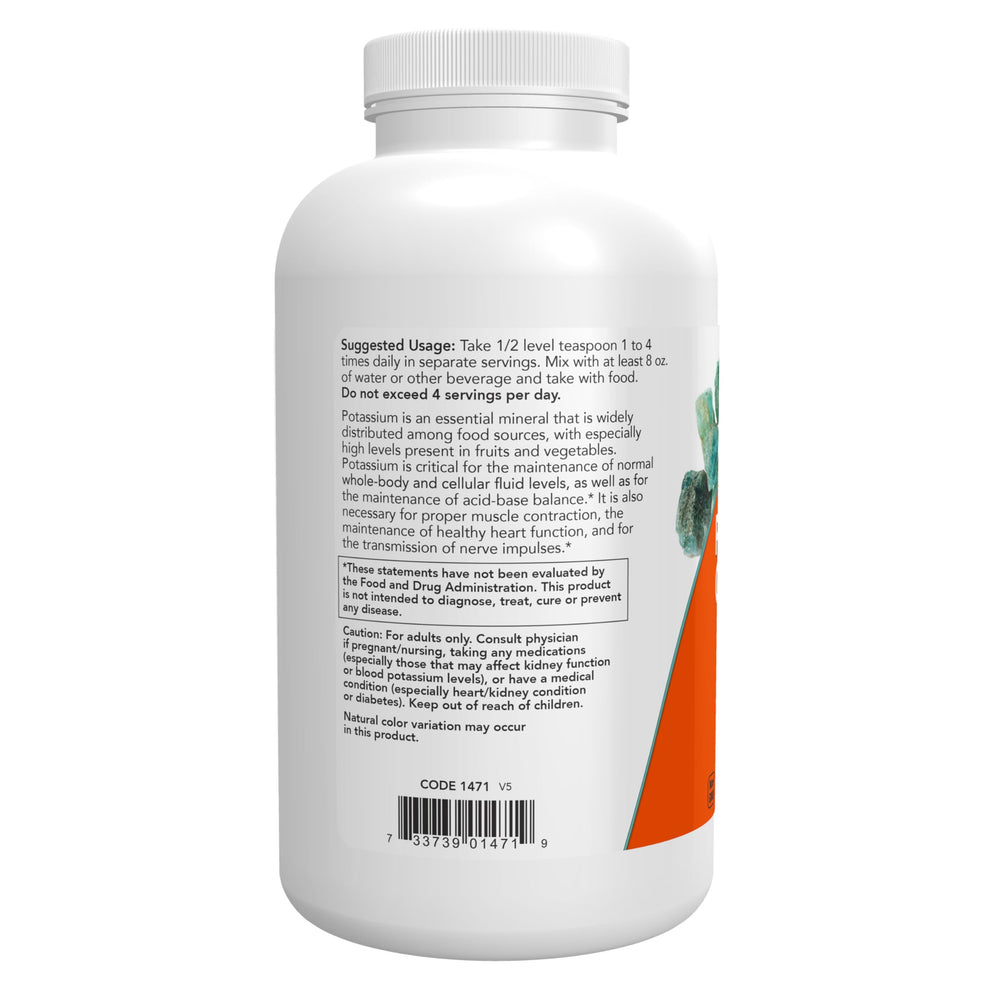 Close-up of NOW Foods potassium gluconate powder label