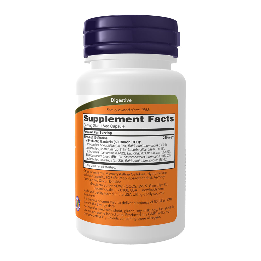 NOW Foods Probiotic-10 bottle back label with 50 Billion CFU and ingredients